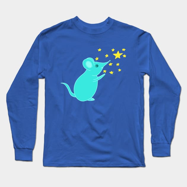 Cute Blue Mouse Making Magic and Stars Long Sleeve T-Shirt by Green Paladin